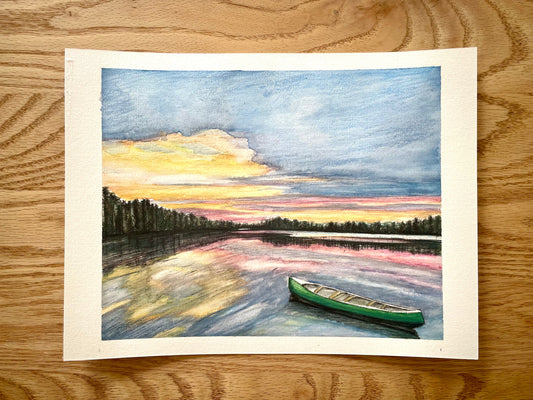 Sunset Camping Lakeside Old Town Canoe Commission Painting by artist Nicole May Lesher