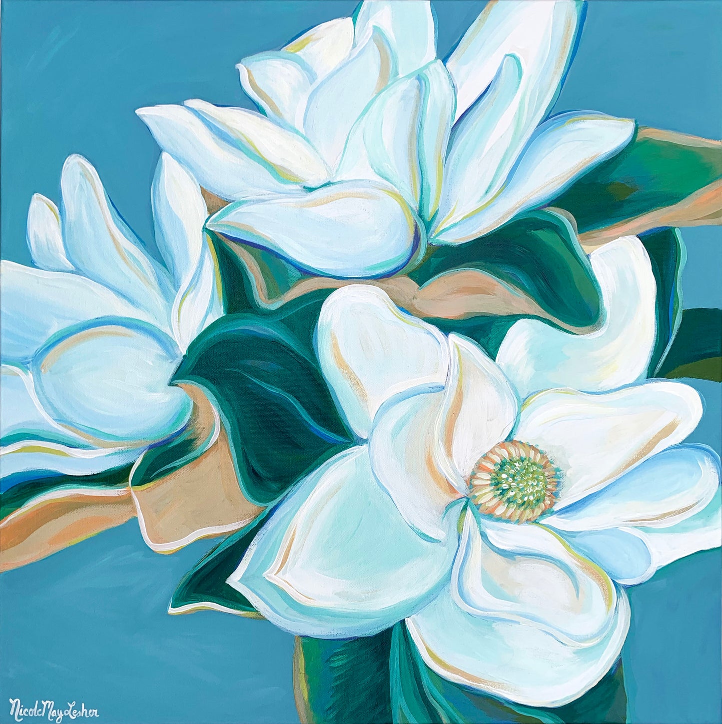 Sweet Magnolias | Original Fine Art Acrylic Magnolia Flower Painting | Wall Art | Nicole May Lesher