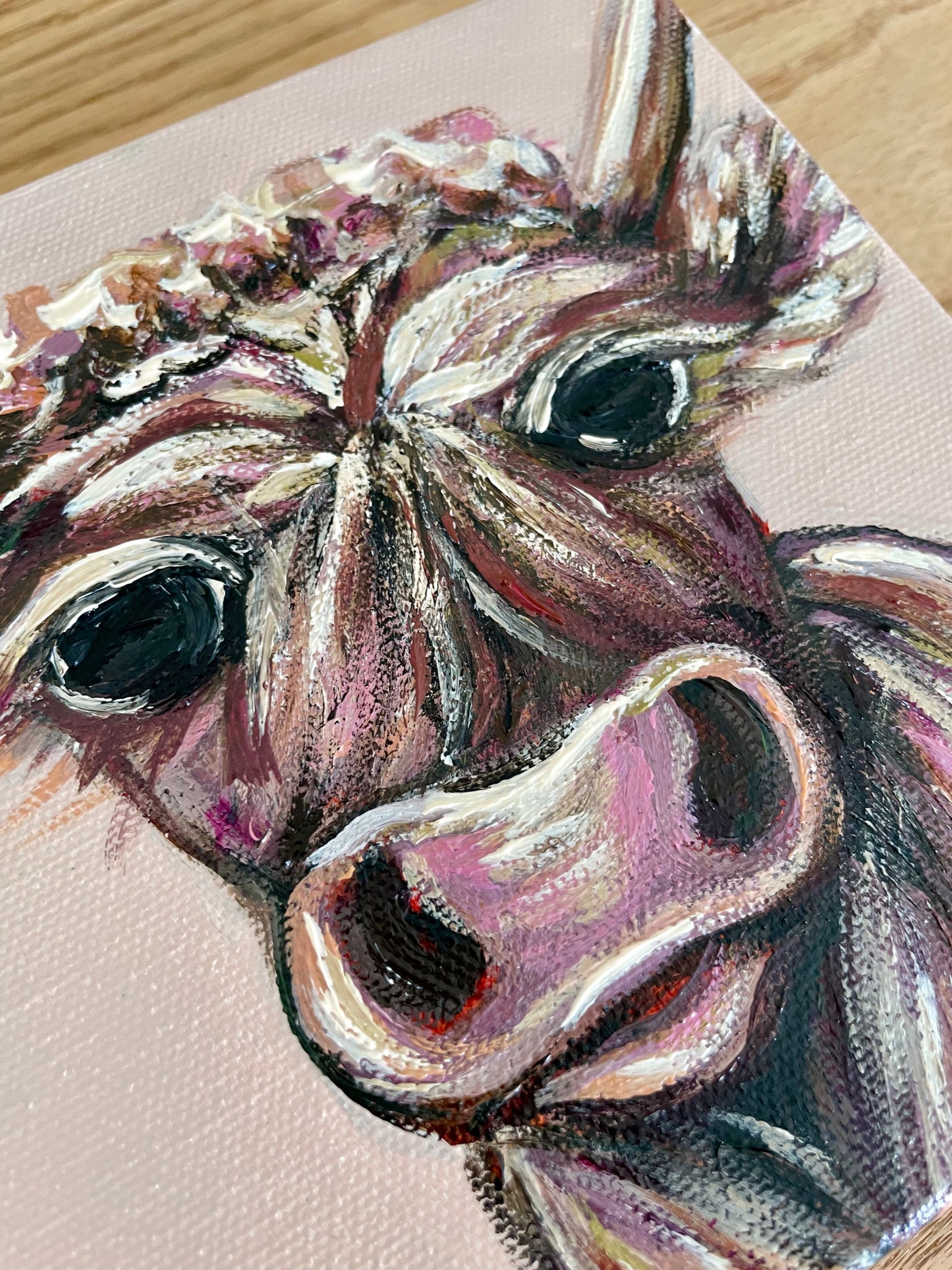 Baby Mini Highlands Cow Painting - pink and purple - by Nicole May Lesher 