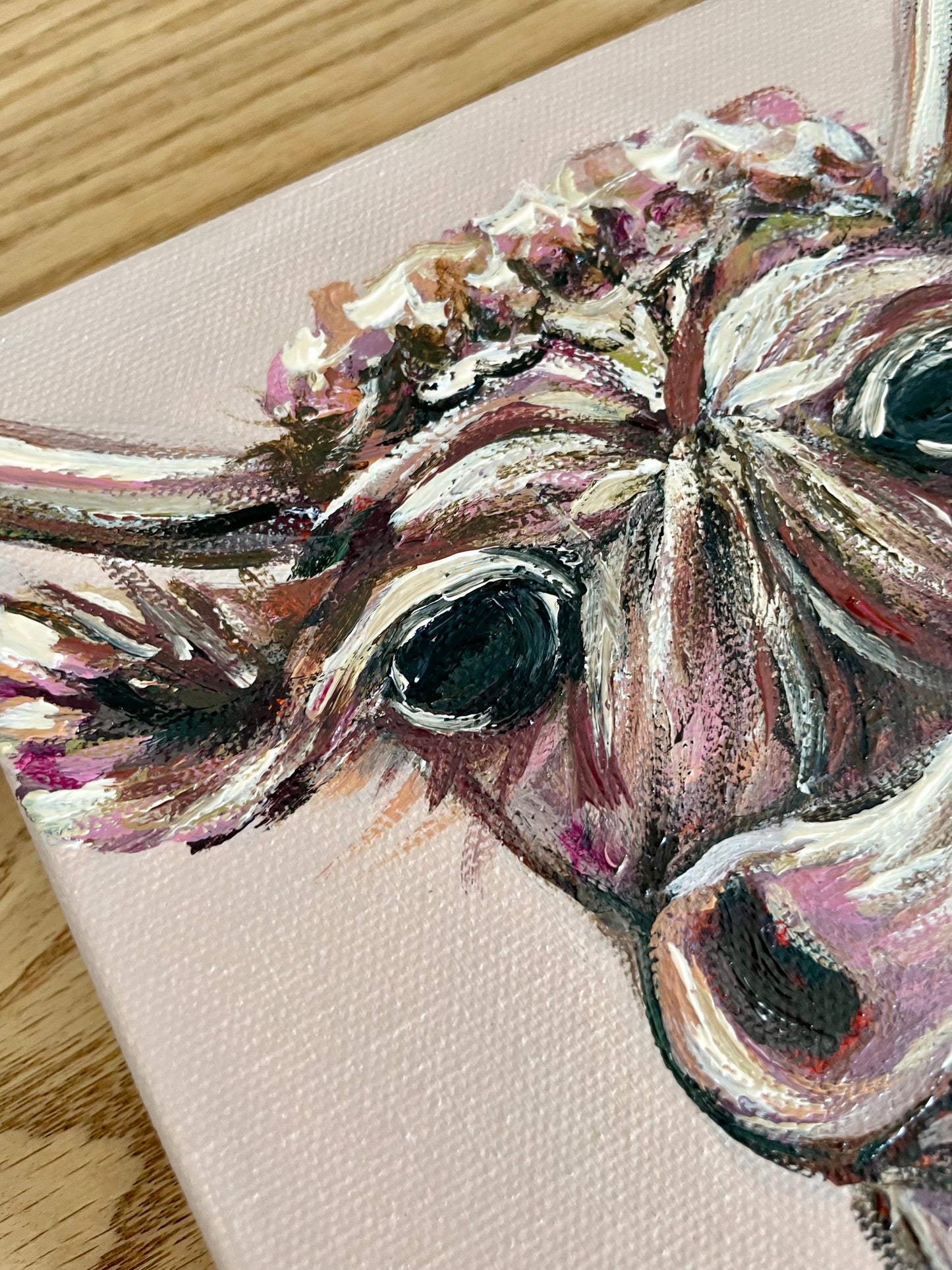 Baby Mini Highlands Cow Painting - pink and purple - by Nicole May Lesher 