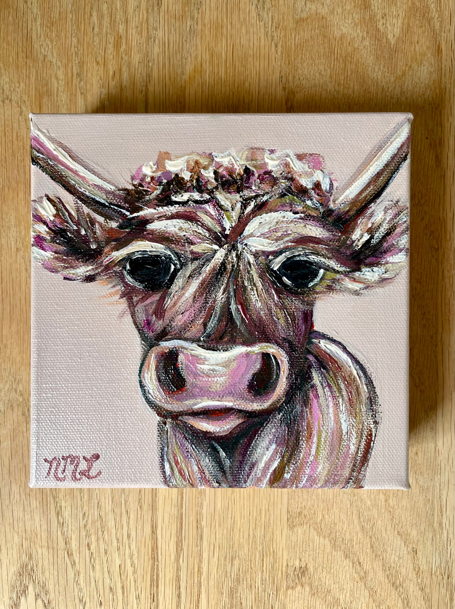 Baby Mini Highlands Cow Painting - pink and purple - by Nicole May Lesher 