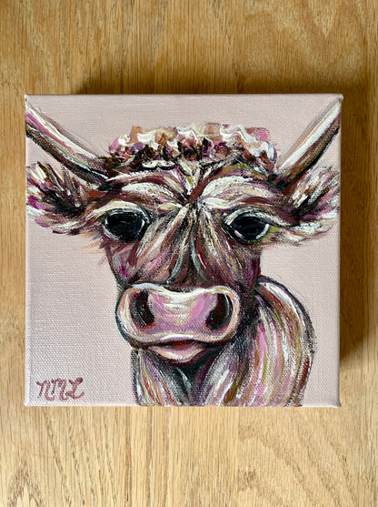 Baby Mini Highlands Cow Painting - pink and purple - by Nicole May Lesher 
