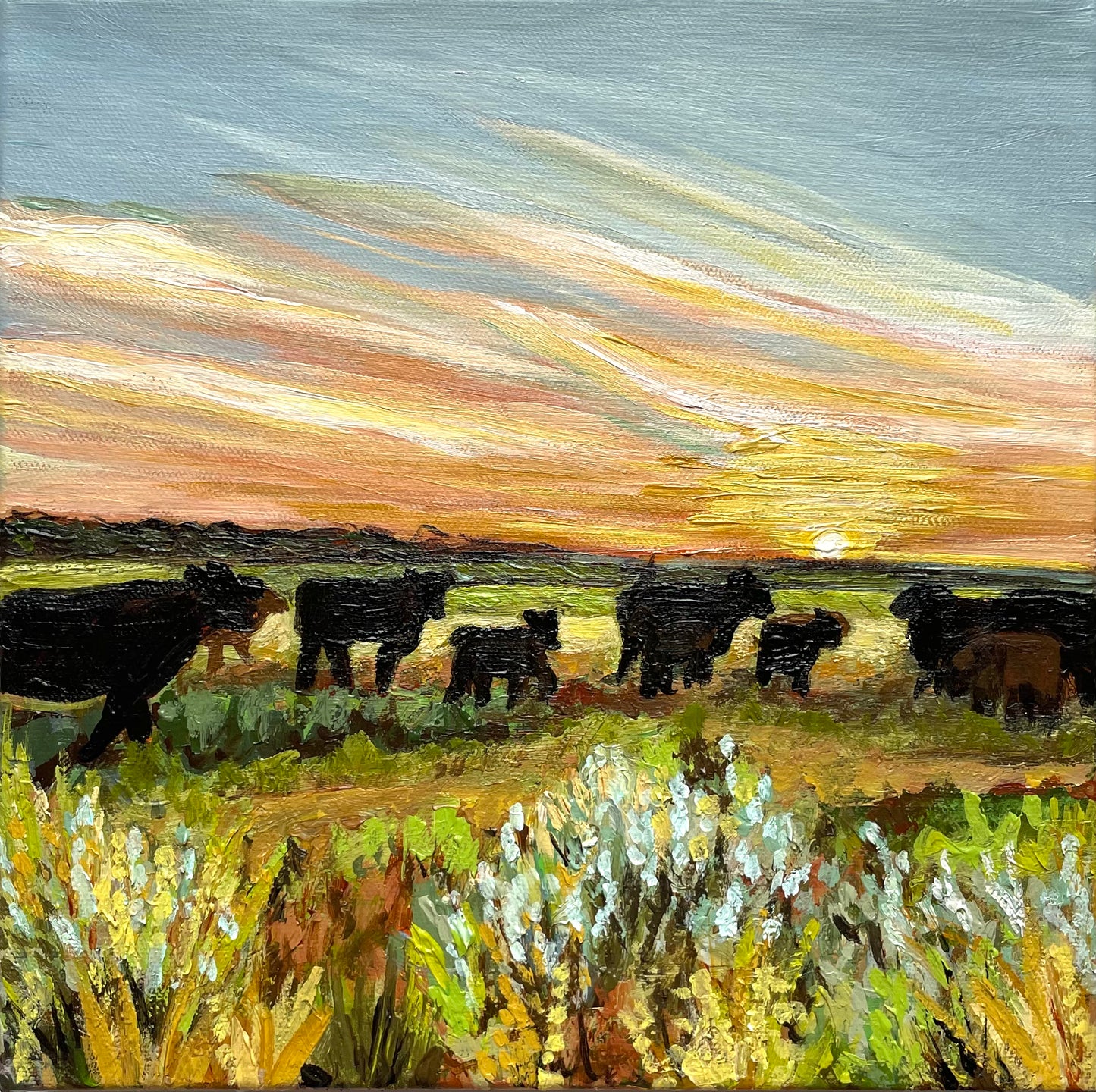 Cows Chasing a sunset landscape in Kansas by Artist Nicole May Lesher Paintings and Gifts 