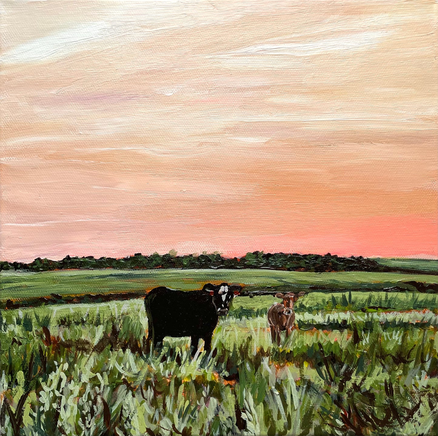 Mom and Baby Cow in a tall grassy field during golden hour painting by Nicole May Lesher