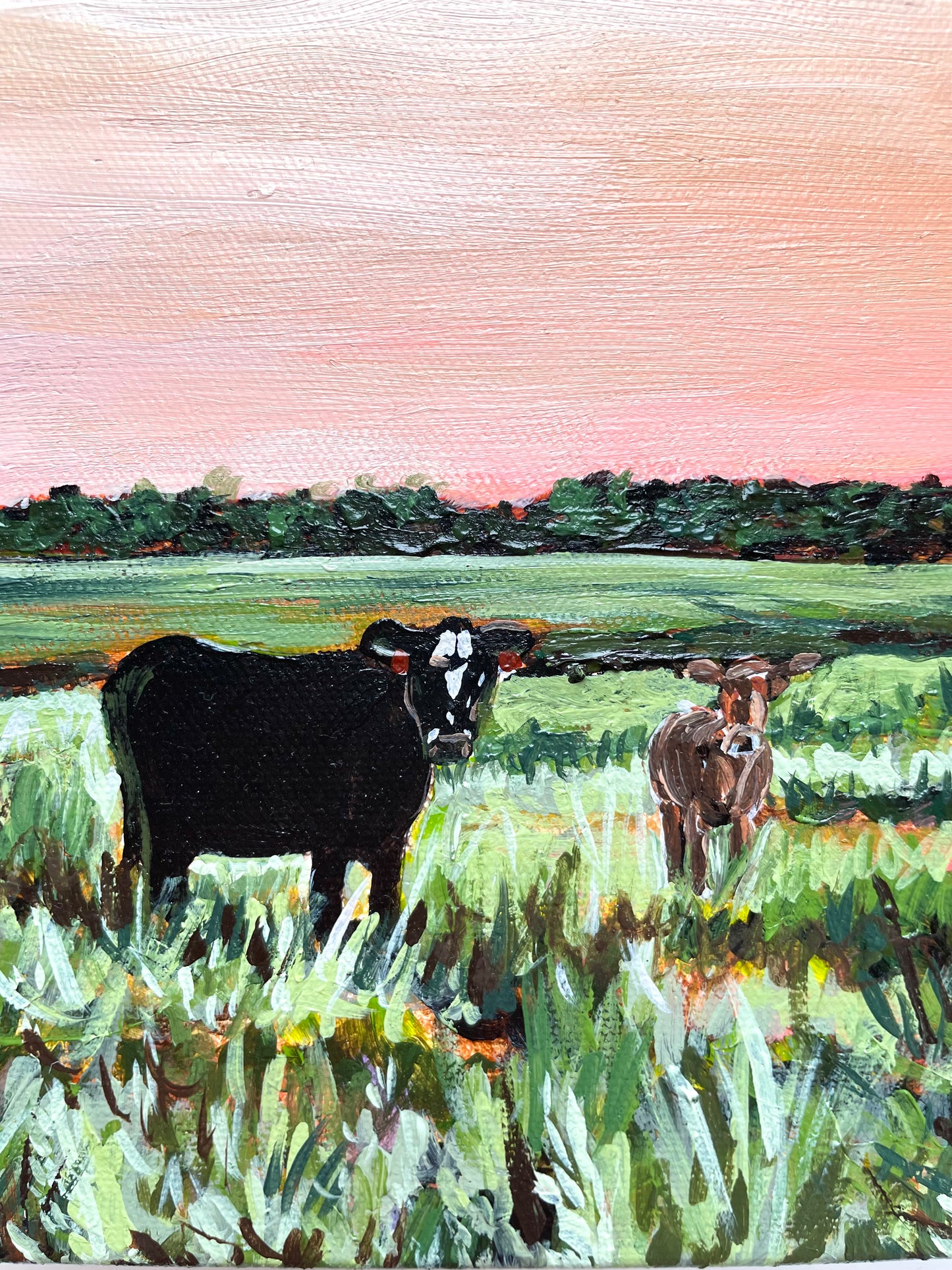 Painting of two cows in a field with a pink sky