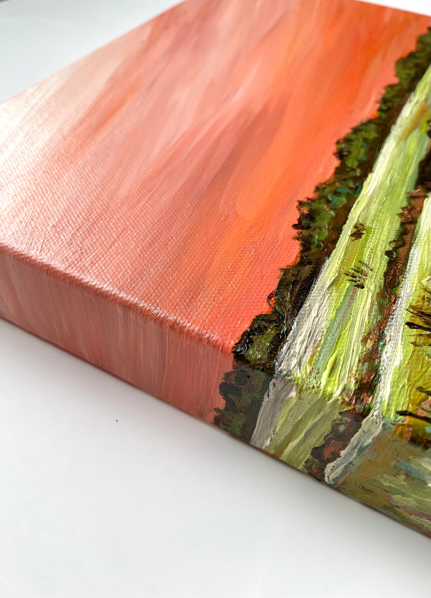 Close-up of a canvas painting by Nicole Lesher with a colorful abstract details