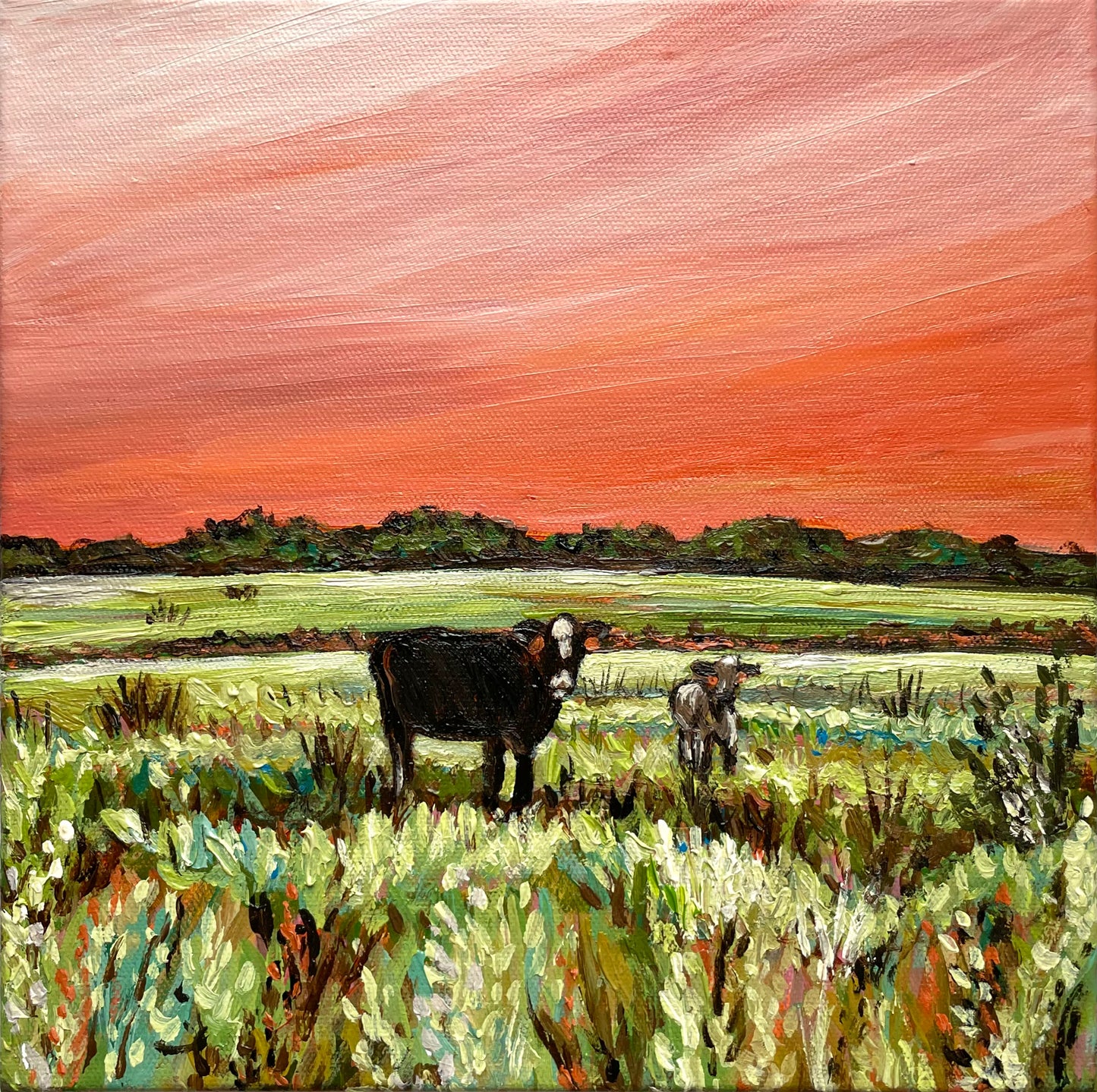 Kansas Landscape painting with mom and baby cows in a field with a mandarin orange sunset 