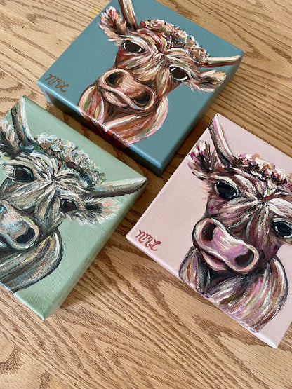 NicoleMayLesher.com Mini Highlands Cow Colorful Paintings Original Art 