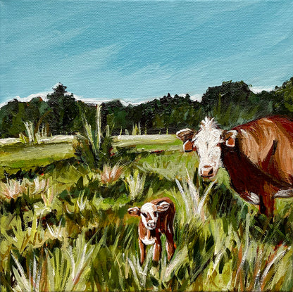 Painting of two cows in a grassy field with a blue sky.