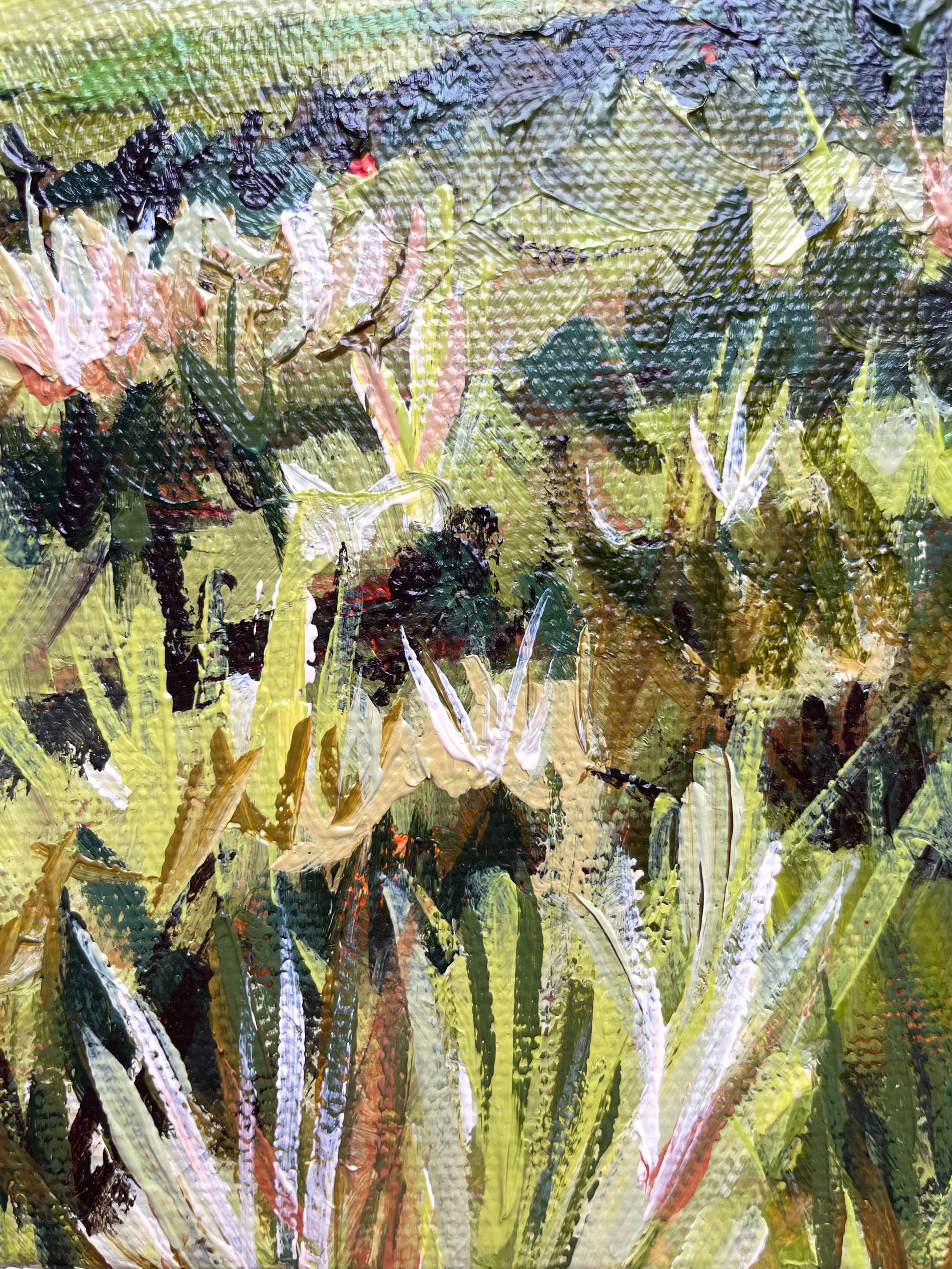 Artistic depiction of grassy fields with a focus on green and brown tones 