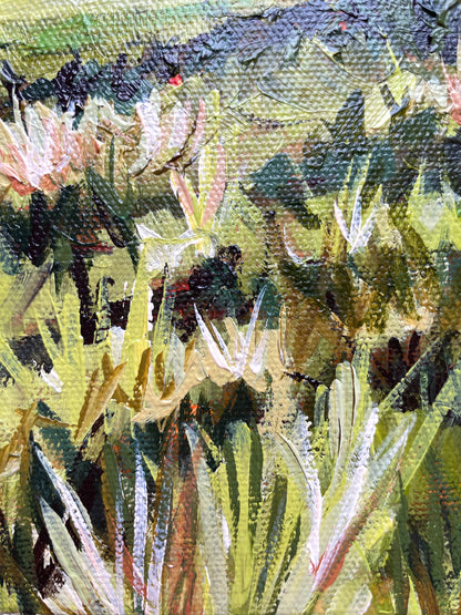 Artistic depiction of grassy fields with a focus on green and brown tones 