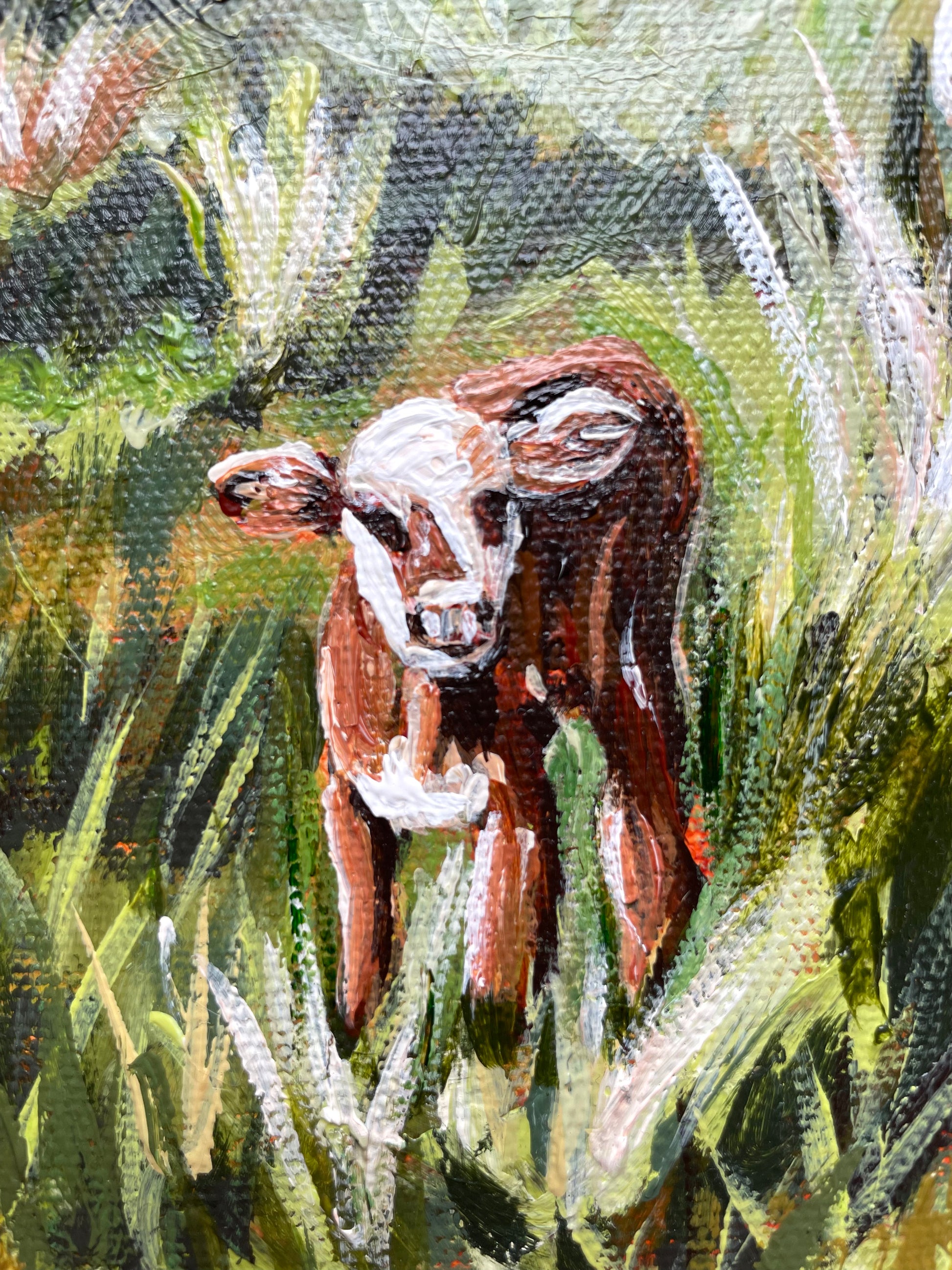 Painting of a baby cow in a natural setting with greenery