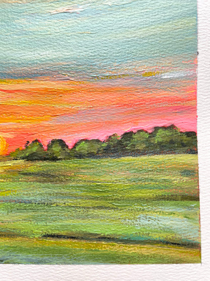 Painting of a sunset over a field with trees
