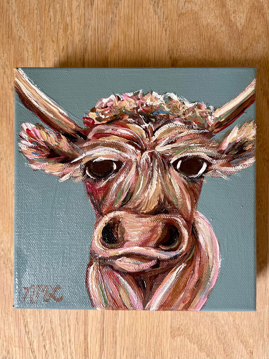 NicoleMayLesher.com
Rusty Mini Cow Painting on Dusty Blue Background 