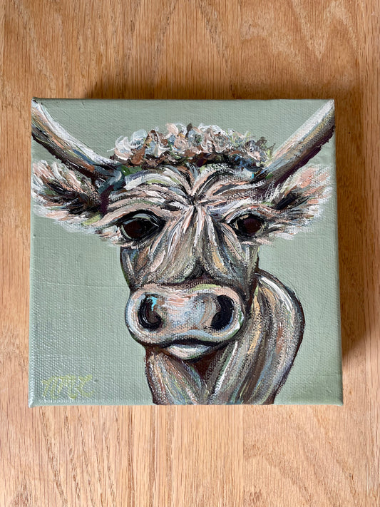 Sage Mini Cow Painting by Artist Nicole May Lesher NicoleMayLesher.com