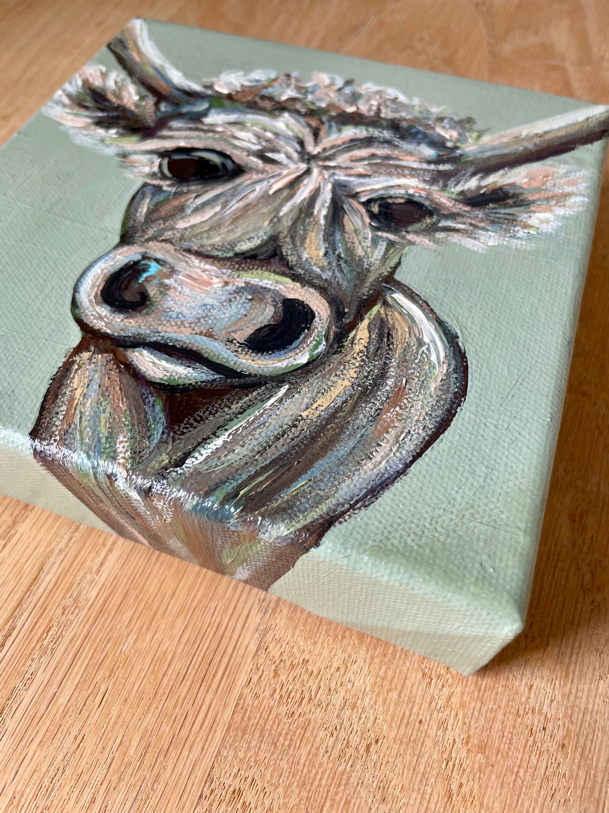 Sage Mini Cow Painting by Artist Nicole May Lesher NicoleMayLesher.com