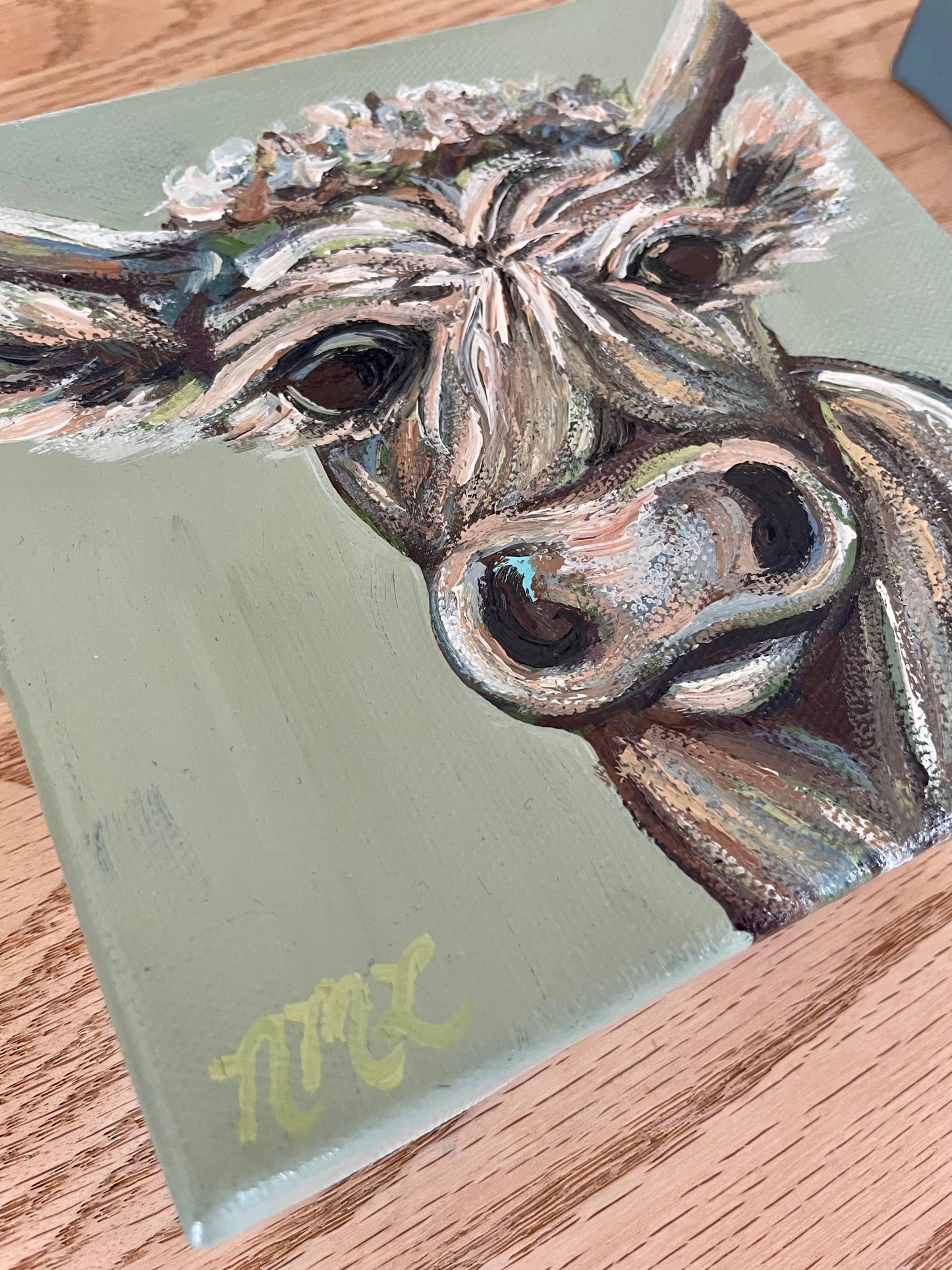 Sage Mini Cow Painting by Artist Nicole May Lesher NicoleMayLesher.com