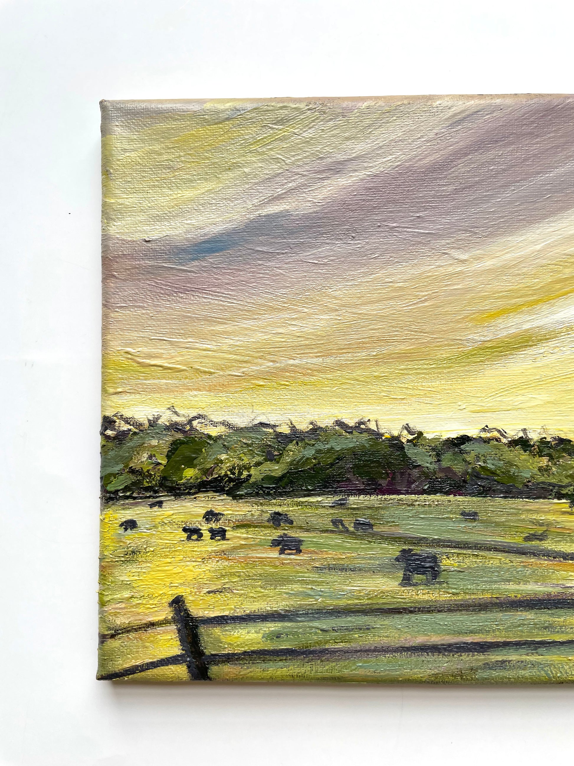 Painting of a landscape with a fence and animals on a white background
