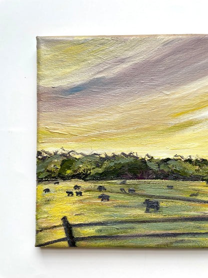 Painting of a landscape with a fence and animals on a white background