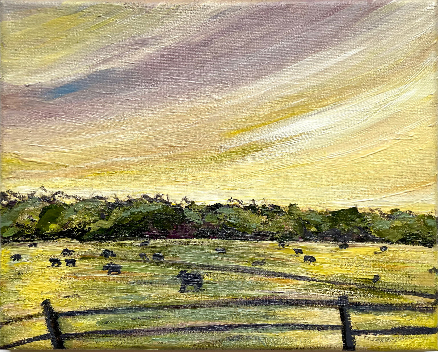Painting of a rural landscape with fields, fence, and trees under a yellow sky.
