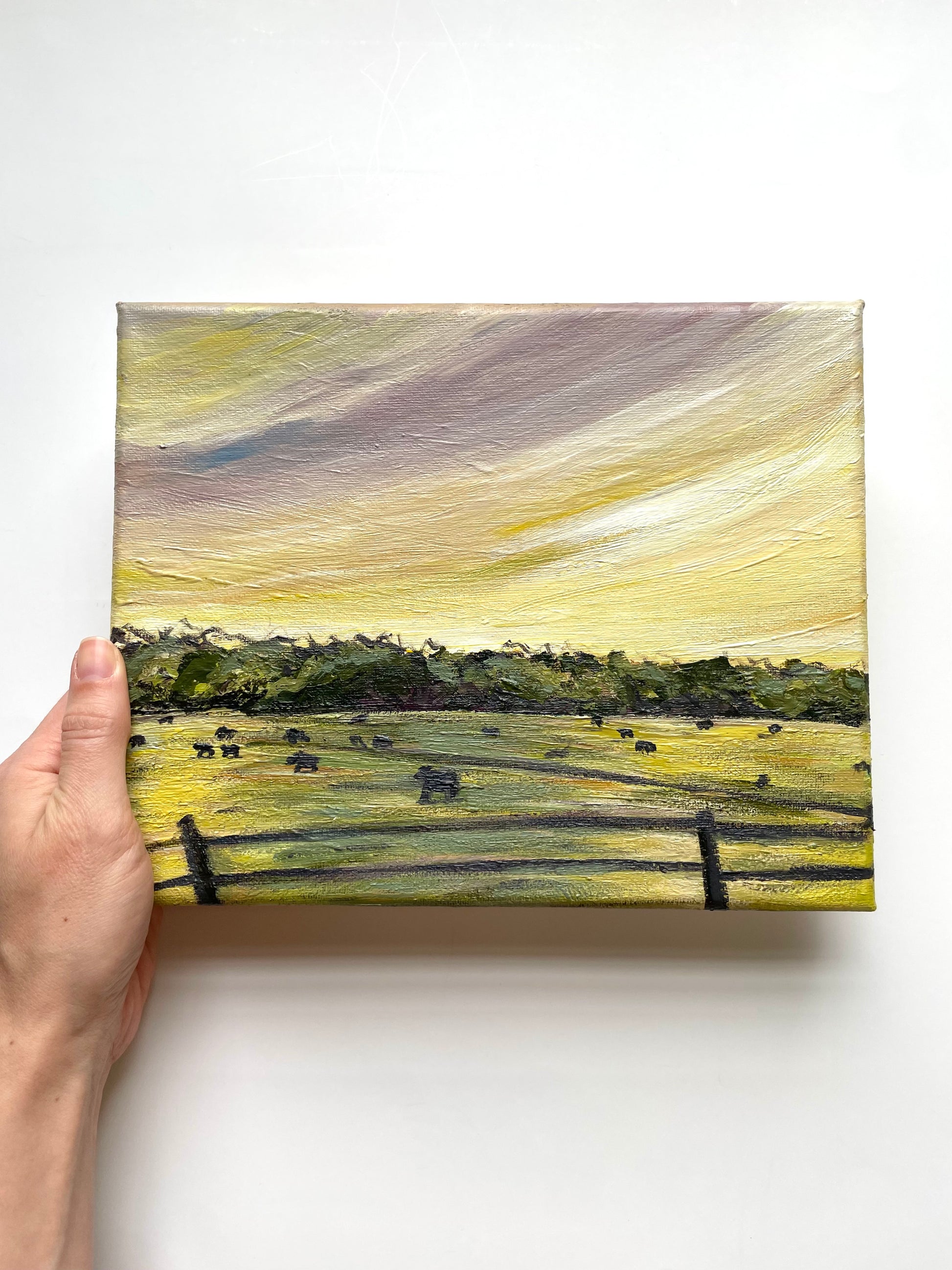 Hand holding a small landscape painting with a field and fence_purple and yellow sunset_cows in field