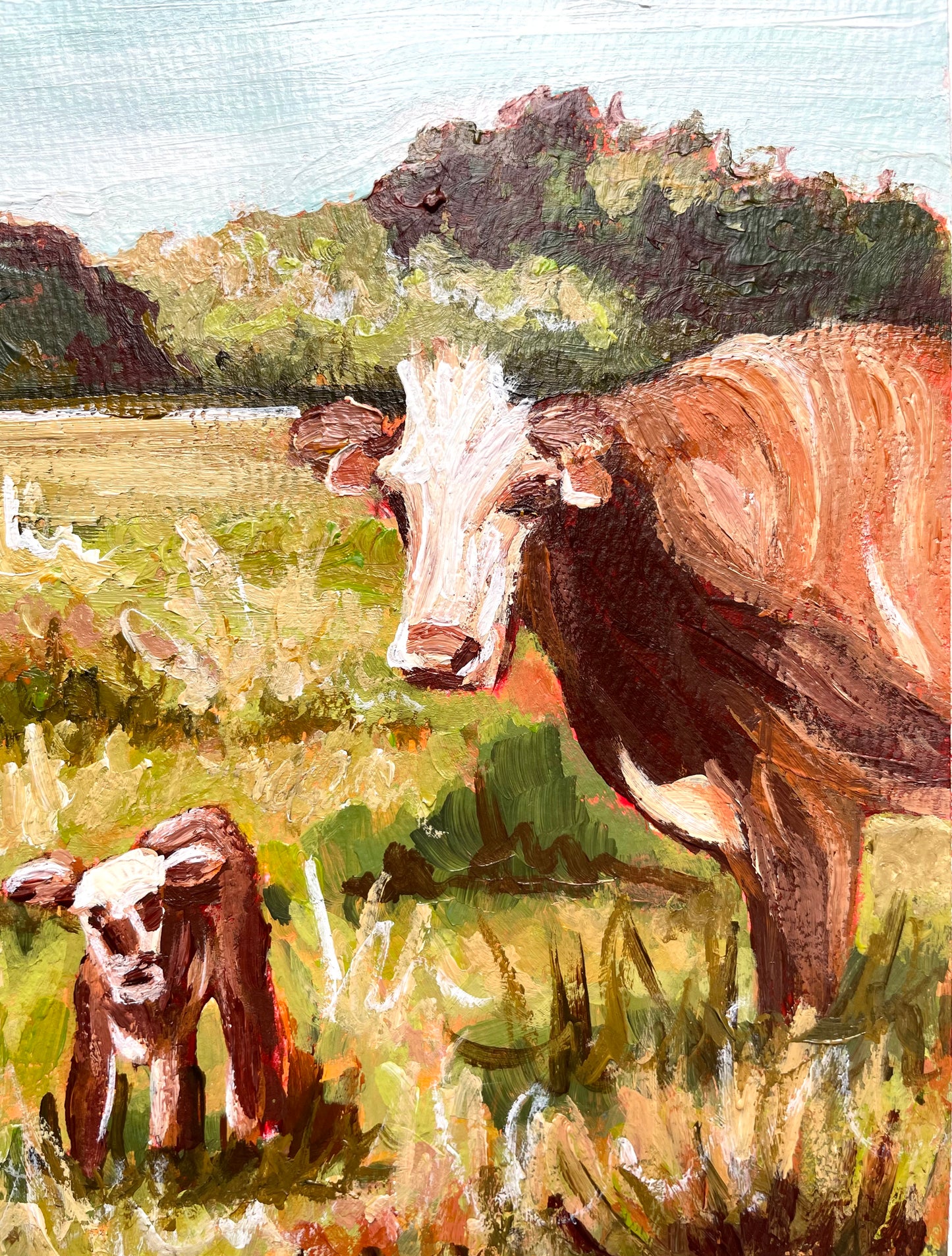 Painting of a cow and calf in a grassy field with trees in the background
