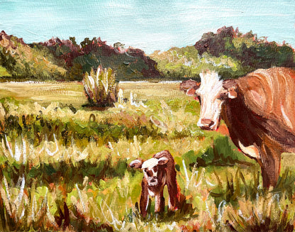 Painting of two cows in a grassy field with hills in the background