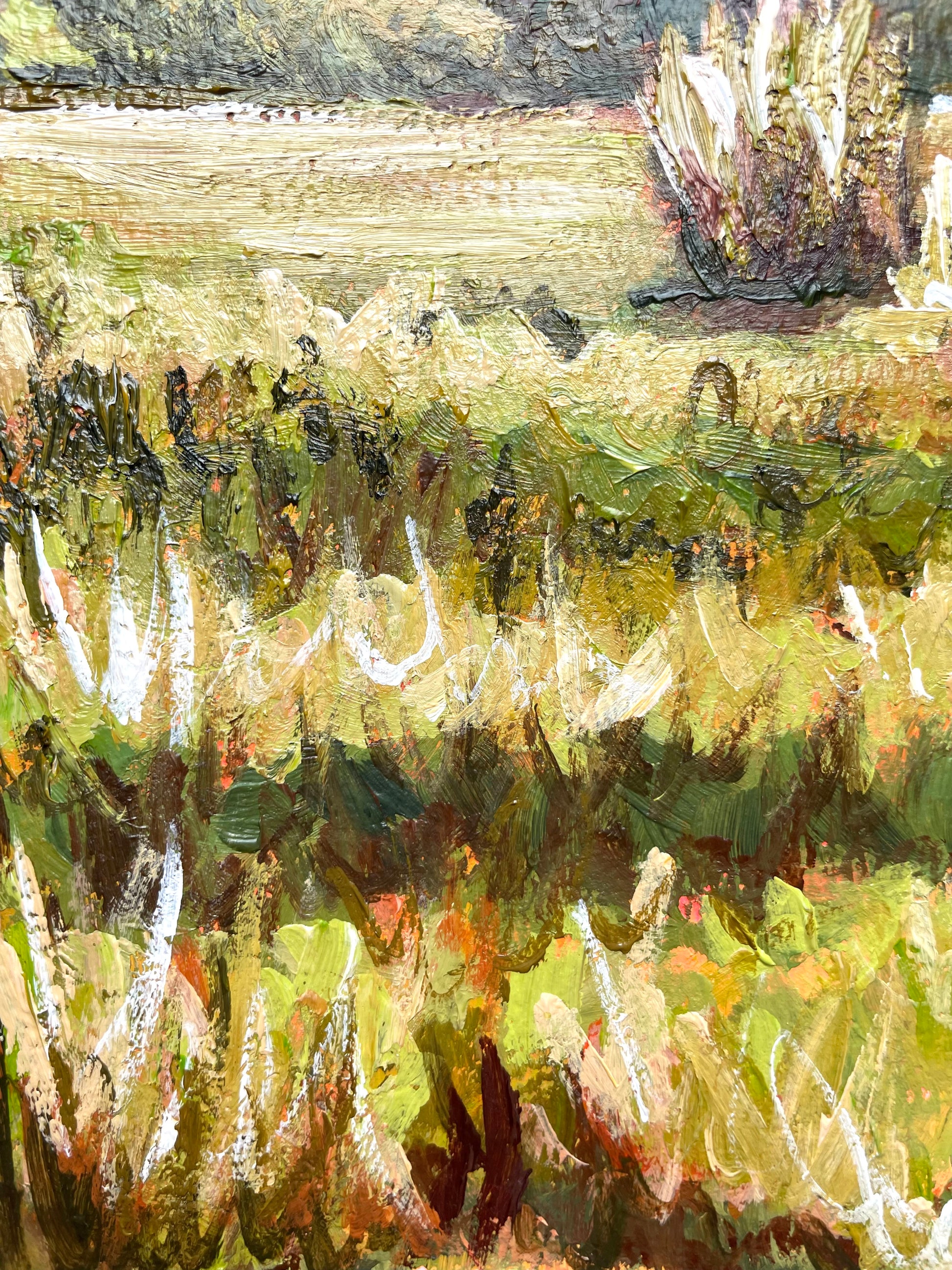 Abstract painting with green, brown, and beige tones
