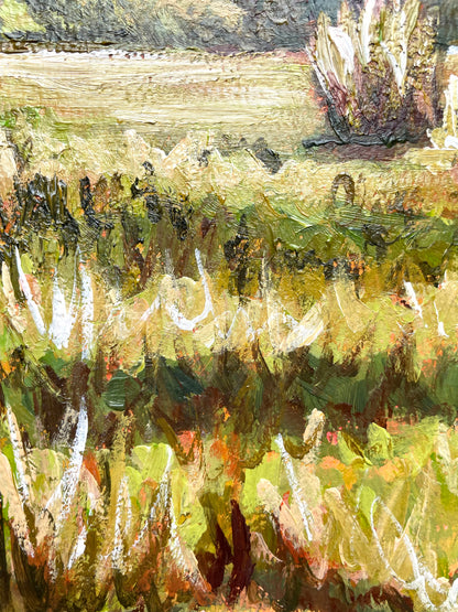 Abstract painting with green, brown, and beige tones