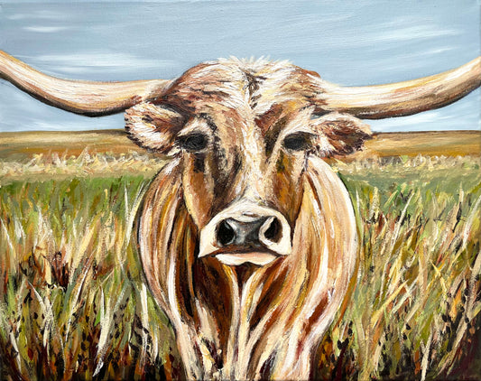Painting of a longhorn cow in a field with a blue sky.