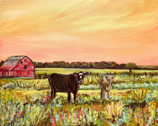 Painting of two cows in a field with a red barn and sunset sky.