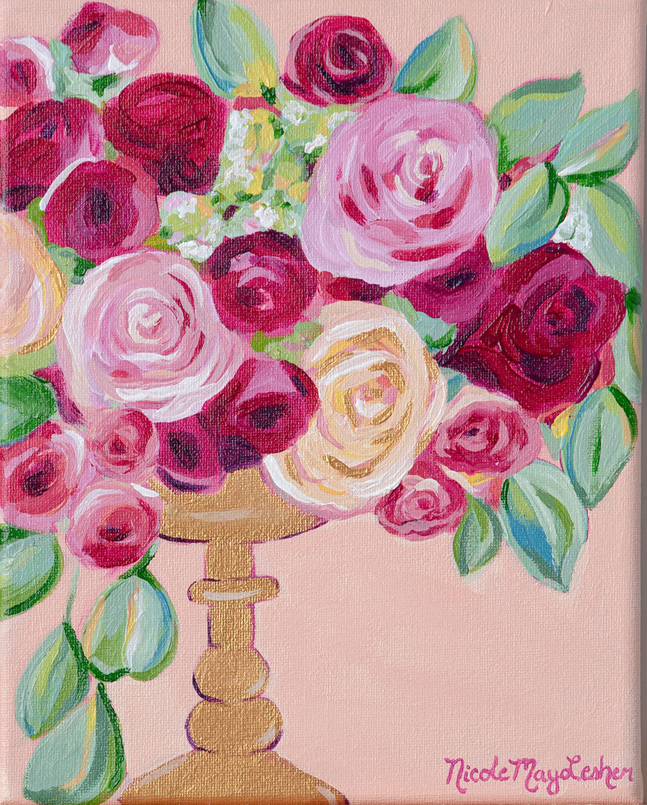 Blushing Bride | Pink and Gold Flower Arrangement Painting | Nicole May Lesher