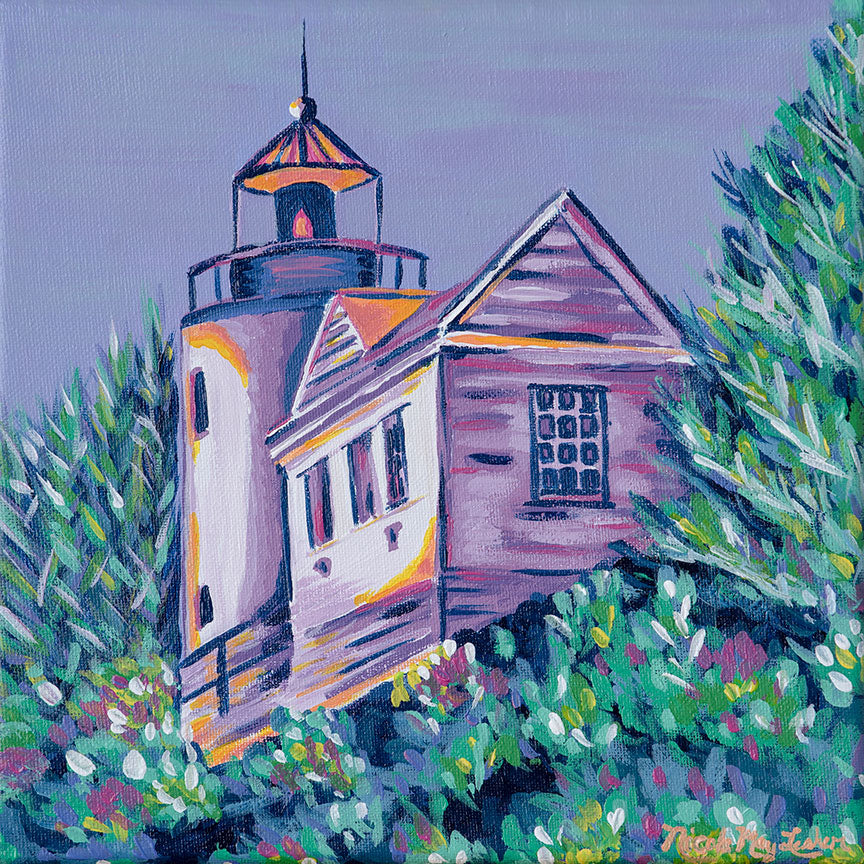 Shining In The Darkness | Purple Lighthouse Painting | Bass Harbor Lighthouse | Acadia National Park Maine | Nicole May Lesher