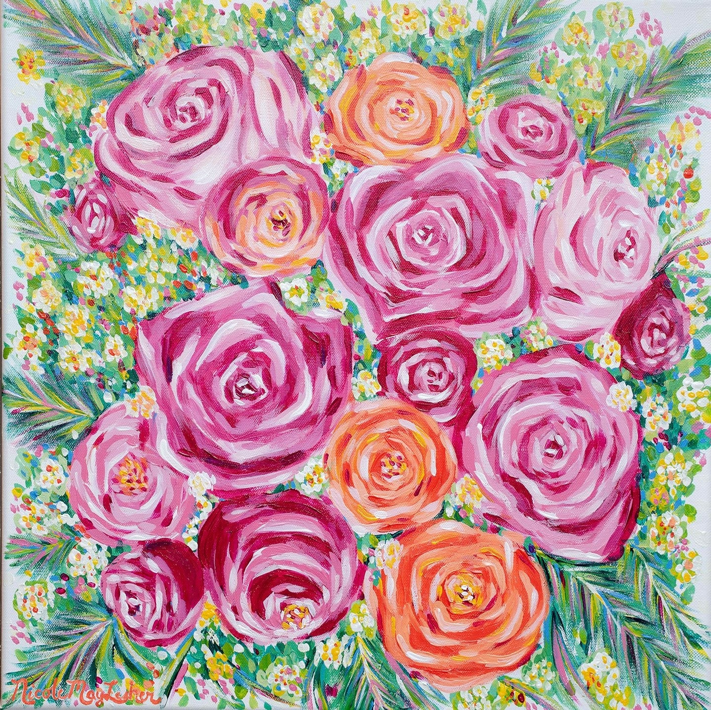 Spring Bouquet | Colorful Pink Flower Bouquet Painting | Wall Art | Home Decor | Nicole May Lesher