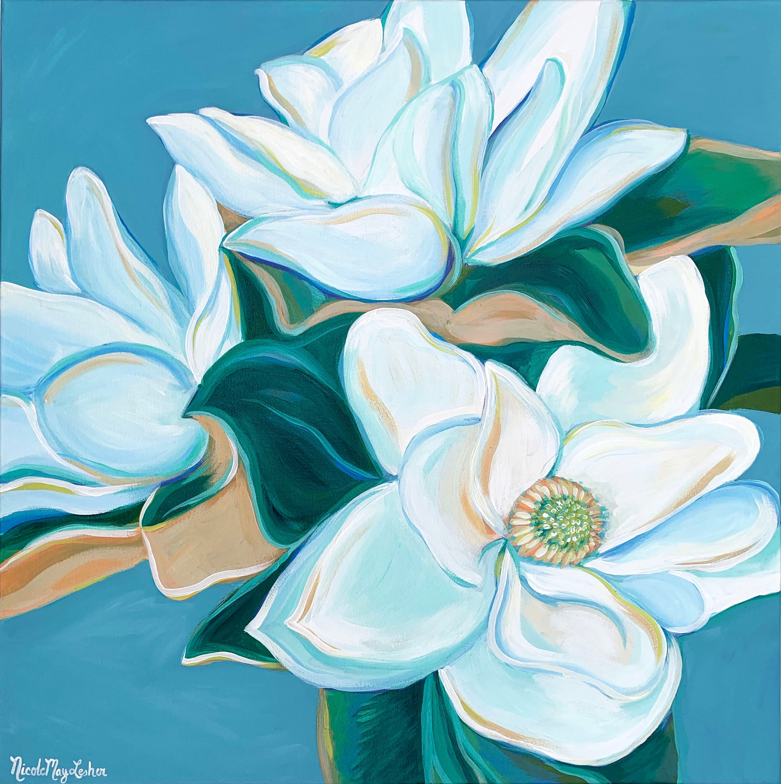 Sweet Magnolias | Original Fine Art Acrylic Magnolia Flower Painting | Wall Art | Nicole May Lesher 